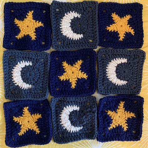 Ravelry: Star and Moon Granny Square pattern by Madeline Watson Moon And Star Granny Square Pattern, Moon And Star Granny Square Free Pattern, Emo Granny Squares, Granny Square Bulky Yarn, Star And Moon Granny Squares, Star Granny Square Blanket, Pentagram Granny Square, Moon Phase Granny Square, Space Granny Square