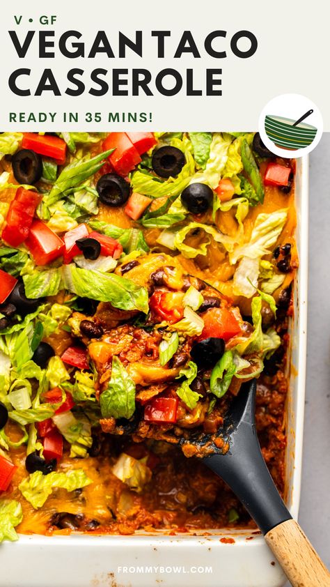 This quick and easy Vegan Taco Casserole is packed with protein and delicious Tex-Mex flavors! Serve it as a fun party dip with tortilla chips or over fluffy rice for a hearty dinner. Vegan, Gluten-Free, Oil-Free Option. Vegan Taco Casserole, Vegan Ground Beef, Vegan Taco, Vegan Casserole, Dinner Vegan, Vegan Beef, Fluffy Rice, Vegan Mexican Recipes, Party Dip