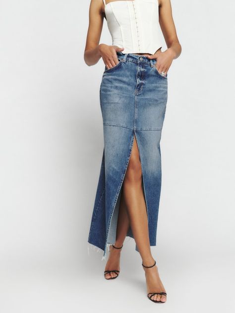 Tazz Maxi Denim Skirt - Sustainable Denim | Reformation Maxi Denim Skirt, Long Denim Skirt, Stretch Denim Fabric, Denim Maxi Skirt, Cropped Denim Jacket, Summer Trends, Cropped Denim, Skirts With Pockets, Jean Skirt