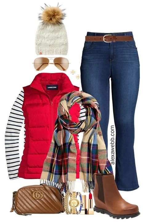 Plus Size Red Puffer Vest Outfits with a striped turtleneck, plaid scarf, bootcut jeans, Gucci crossbody bag, and wedge booties for fall and winter. Alexa Webb Red Vest Outfit, Puffer Vest Outfits, Duck Boots Outfit, Puffer Vest Outfit, Vest Outfits For Women, Alexa Webb, Red Puffer Vest, Red Puffer, Red Vest