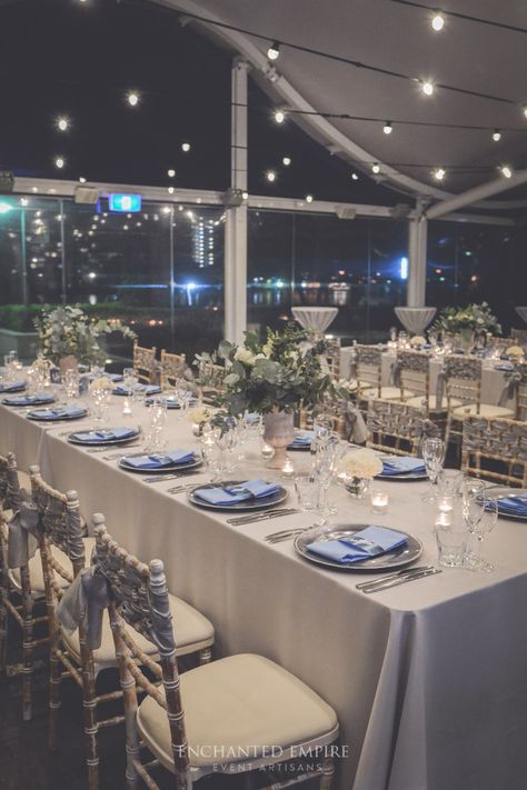 Dusky Blue Wedding, Tiffany Chairs, Grey Wedding Theme, Silver Wedding Theme, Blue Silver Weddings, Powder Blue Wedding, Blue Wedding Receptions, Silver Wedding Decorations, Riverside Wedding