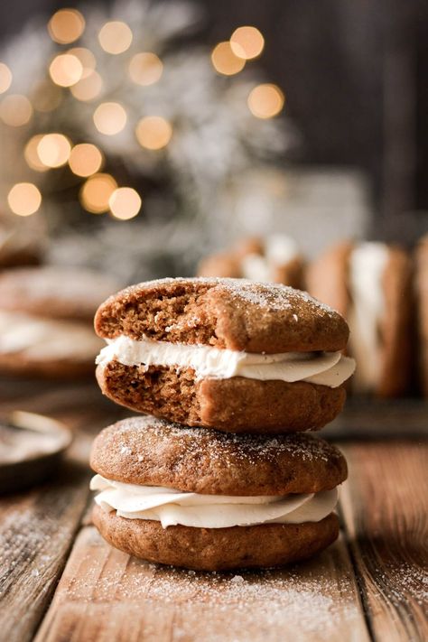 Gingerbread whoopie pies are part cake and part cookie, with cozy winter spices, and sandwiched with fluffy vanilla buttercream. Gingerbread Whoopie Pies, Fluffy Vanilla Buttercream, Dessert For Christmas, Gingerbread Cookie Dough, High Altitude Baking, Cookie Sandwich, Pie Flavors, Ginger Molasses Cookies, Ginger Bread Cookies Recipe