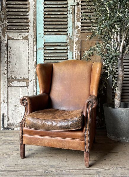 Beautiful Vintage Dutch Leather Wingback Chair | Vinterior Rustic Leather Chair, Leather Wing Back Chair, Leather Wingback Chair Living Rooms, Wingback Chair Living Room, Lounge Makeover, Vintage Wingback Chair, Vintage Leather Chairs, Leather Wingback Chair, African Furniture