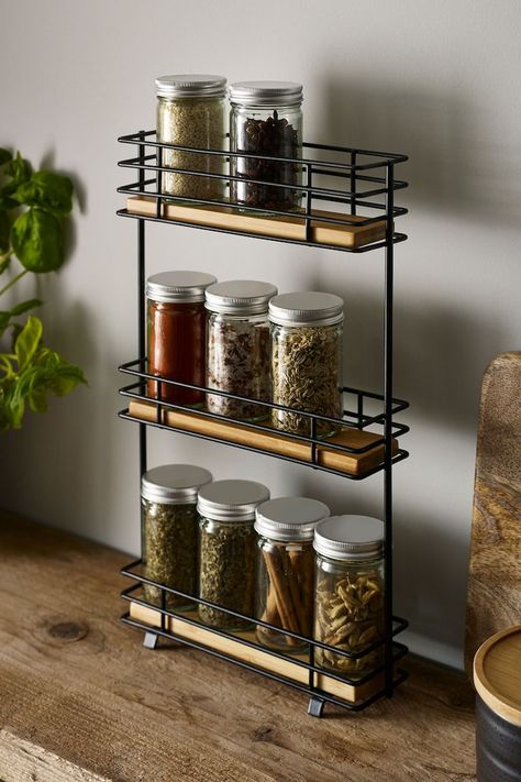 How To Decorate Kitchen Shelves, Spice Shelf, Kitchen Spices, Wooden Shelf, Spice Rack, Kitchen Shelves, Wooden Shelves, Kitchen Space, Kitchen Storage Organization