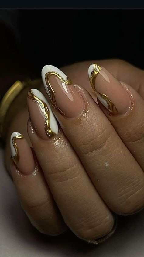 Gold French Manicure Almond, French Tip Nails With Gold Flakes, Oshun Nails, Golden Birthday Nail Ideas, Greek Mythology Nail Art, Minimalist Thanksgiving Nails, Gold Formal Nails, Gel Nails With Gold Flakes, Nail Inspo Extra