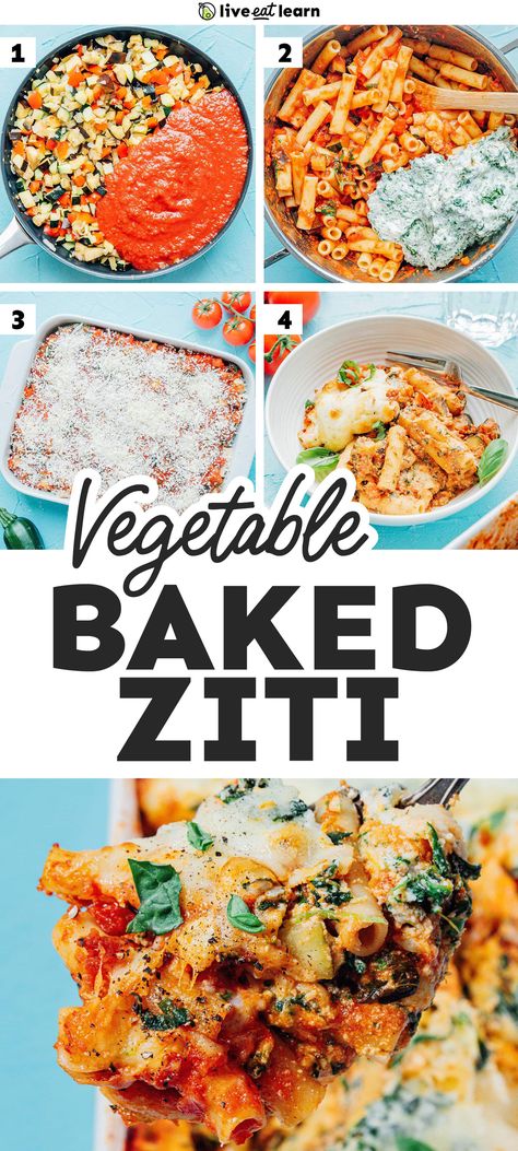 This vegetable packed vegetarian baked ziti recipe is the ultimate weeknight dinner. With sautéed veggies and spinach ricotta, it's a healthy comfort food you'll feel good about diving into. It makes six large portions and is great for making in advance, see notes below! Veggie Ziti, Baked Ziti Vegetarian, Veggie Baked Ziti, Vegetarian Baked Ziti, Veggie Pasta Bake, Baked Ziti With Ricotta, Sautéed Veggies, Ziti Recipe, Vegetarian Mains