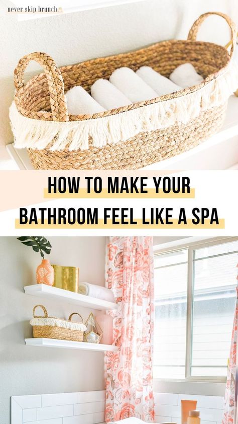 Give your bathroom a luxury feel! 9 tips for bathroom decor spa inspiration to show you how to get luxury bathroom decor on a budget | Never Skip Brunch by Cara Newhart #home #decor #bathroom #spa Bathroom Decor Tips, Small Luxury Bathroom Decor, Spa Bathroom Shelf Decor, Make Bathroom Feel Like Spa, Home Bathroom Spa Ideas, Spa Bathrooms On A Budget, How To Make Your Bathroom A Spa, Bath Spa Ideas At Home, Master Bath Decorating Ideas