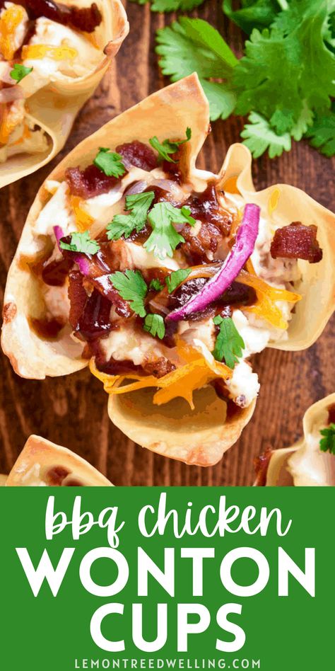 BBQ Chicken Wonton Cups are the ultimate party appetizer! These crispy wonton shells are stuffed with cream cheese, shredded chicken, and crispy bacon, then topped with shredded cheese bbq sauce, red onion, and cilantro. They're easy to make, ready in just 20 minutes, and perfect for game days, parties, or late night snacks. If you love bbq chicken pizza, you’ll love this crunchy, creamy bite sized twist! Easy Dinner Recipes For 4, Chicken Wonton Cups, Wonton Cups Appetizers, Quick Easy Dinner Recipes, Wonton Wrapper Recipes, Lemon Tree Dwelling, Sunday Food, Chicken Wontons, Crispy Wonton