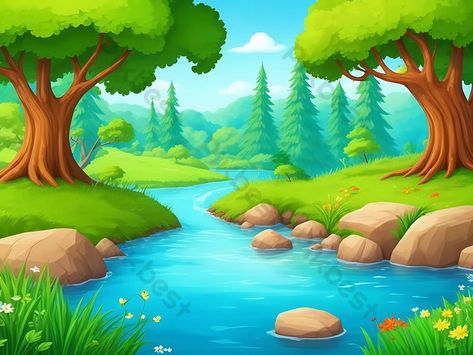 Cartoon Nature Background, River Cartoon, Forest With River, Rock Clipart, River In The Forest, Forest Backgrounds, Water Cartoon, Cartoon Forest, Nature Cartoon