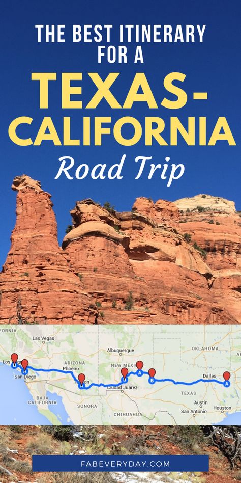 Things to do on a road trip from Texas to California. The ultimate Texas to California road trip itinerary with where to stay, what to see, and where to eat. We include many kid-friendly stops and budget-friendly activities, like Roswell, New Mexico, White Sands National Monument, the Hollywood Walk of Fame, the Grand Canyon, Sedona, Arizona, as well as other fun roadside attractions. Click or visit FabEveryday.com for the full California to Texas road trip itinerary. Road Trip From Texas, California Road Trip Itinerary, California Roadtrip, Best Road Trips, California Road Trip, Route 66 Road Trip, Texas Roadtrip, Family Road Trip, Rv Road Trip