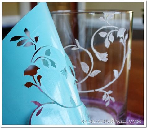 Martha Stewart Stencils, Paint Mason Jars, Glass Etching Diy, Etching Diy, Glass Stencil, Painted Glassware, Martha Stewart Crafts, Glass Diy, Glass Engraving