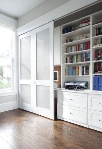 Opaque sliding doors to hide office clutter Hidden Desk, Glass Closet, Wall Office, Sliding Door Design, Victorian Townhouse, Office Nook, Sliding Doors Interior, Closet Door, Sliding Barn Door Hardware