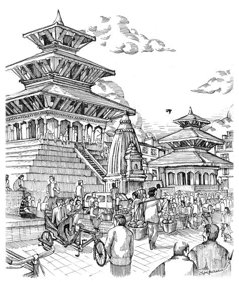 Ink Drawing Nepal Series Kathmandu on Behance Series Illustration, Cityscape Drawing, Temple Drawing, Nepal Art, Landscape Pencil Drawings, Perspective Sketch, Perspective Drawing Architecture, Easy Mandala Drawing, Drawing Hair