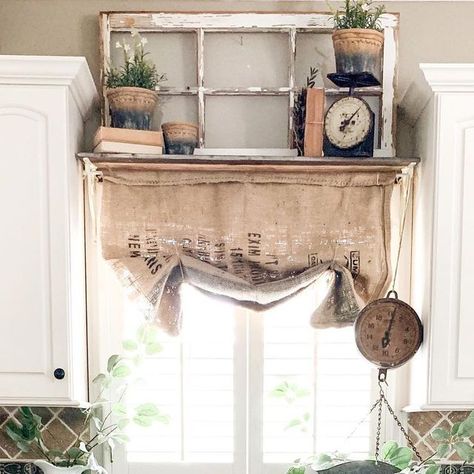 Carissa Brown on Instagram: "Morning!!! I decided my kitchen needed some summer simplicity. I decided a chippy window and a few clay pots would do the trick. Do you guys remember my burlap sack curtain I used to have here?? Well, I thought it would be fun to pull it back out. This burlap sack was a flea market find and I shared how I made this little DIY no sew curtain on the blog. Link in Profile!! . #fabulousfarmhousefriday" Burlap Curtains Diy, Burlap Sacks, Burlap Curtains, No Sew Curtains, Flea Market Finds, Diy Curtains, No Sew, My Kitchen, Clay Pots