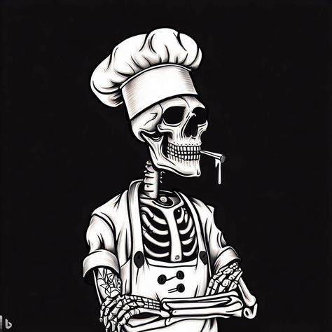 Chef Skull Tattoo, Chef Design Art, Skeleton Chef Tattoo, Tattoo Cooking Chef, Chef Drawing Sketches, Chef Skeleton, Chef Drawing, Coffee Black And White, Ink Shading