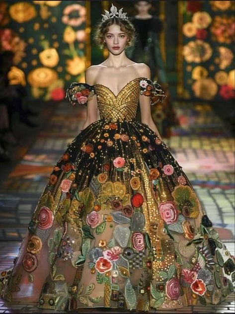 Artsy Clothes, Floral Ballgown, Pretty Gowns, Vestido Charro, Sewing Couture, Colorful Gown, Art Dresses, High Fashion Couture, Dreamy Gowns