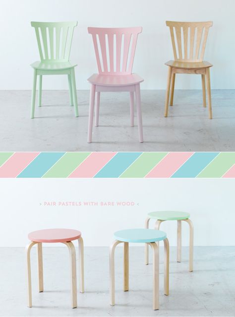 Pastel chairs and stools Cafeteria Vintage, Pastel Chair, Deco Pastel, Colorful Kitchen Decor, Pastel Interior, Pastel House, Dining Room Inspiration, Pretty Pastel, True Blue