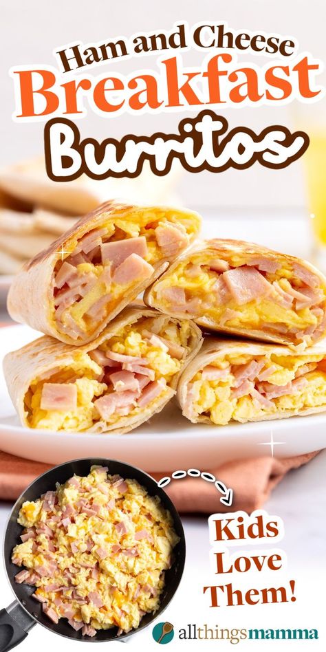 These easy Ham & Cheese Breakfast Burritos are a handheld breakfast on-the-go that’s hearty enough to fuel your morning! Made with scrambled eggs, cooked ham, and plenty of melty cheddar, they’re a satisfying breakfast the whole family will love. Handheld Breakfast, Ham Cheese Breakfast, Burritos Recipes, Ham And Cheese Breakfast, Healthy Breakfast Wraps, Easy Breakfast Burritos, Eggs Cheese Breakfast, Cooked Ham, Ham Breakfast