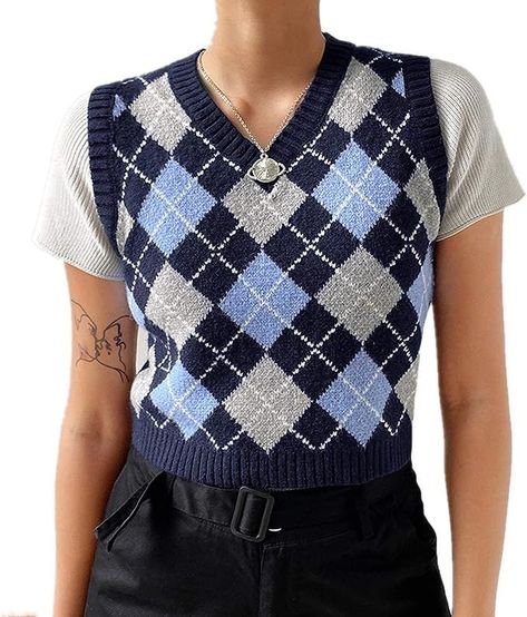 Preppy Style 2020, Plaid Sweater Vest, Preppy Mode, Argyle Vest, Knitted Crop Tank Top, Argyle Sweater Vest, Preppy Sweater, Sleeveless Sweater Vest, Cropped Pullover