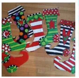 Whimsical painted Christmas stockings Painted Stocking Ornaments, Painted Stockings Ideas, Stocking Painting Ideas, Painted Wooden Stocking, Whimsical Christmas Stocking, School Display, Ideas Navidad, Christmas Paintings On Canvas, Office Christmas Decorations