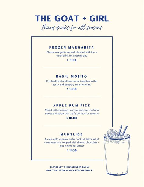 Summer Drink Menu, Drink Menu Design, Wedding Drink Menu, Cocktail Names, Bakery Menu, Menu Design Template, Fresh Drinks, Restaurant Photography, Classic Margarita