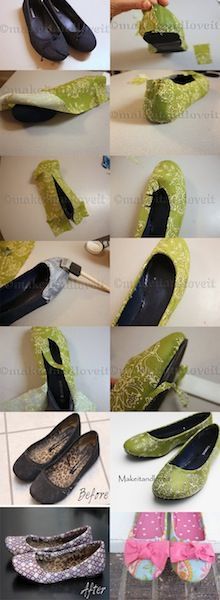 How to cover old flats with cute fabric. Suggestion. Use Outdoor Modge Podge for the outside. Use Tacky glue to hold down the fabric on the inside of the shoes. Diy Mod Podge, Cute Fabric, Diy Vetement, Leopard Shoes, Old Shoes, Crafty Craft, Diy Shoes, Mod Podge, Crafty Diy