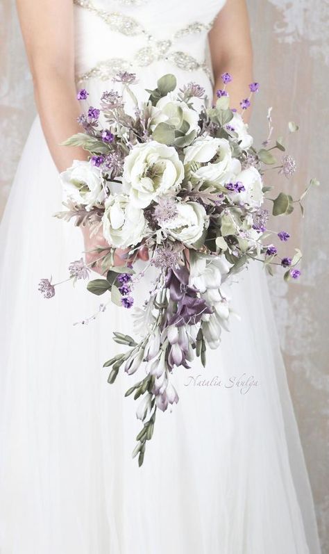 Cascading Bridal Bouquet, Silk Wedding Flowers Cascade Wedding Bouquet, Rustic Bridal Bouquet, Cascade Bridal Bouquet, Wedding Flowers Boho, Lavender Wedding Bouquet, Wedding Lavender, Silk Flower Bridal Bouquet, Blush Bouquet Wedding, Purple Bridal Bouquet