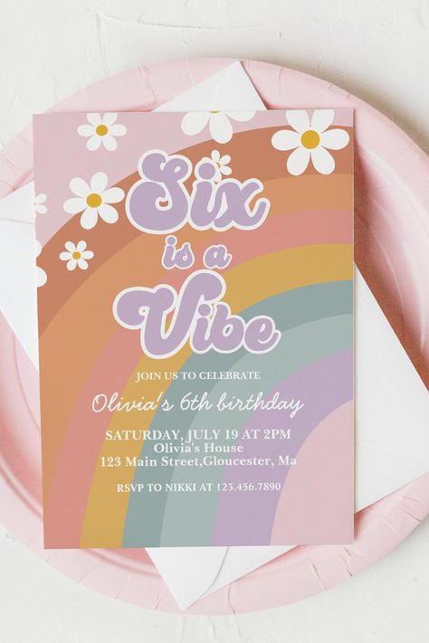 Groovy Six is a vibe Retro Rainbow 6th Birthday Invitation 10th Birthday Girl, 10th Birthday Invitation, Retro Birthday, Retro Rainbow, Rainbow Design, 9th Birthday, 6th Birthday, 10th Birthday, Birthday Girl