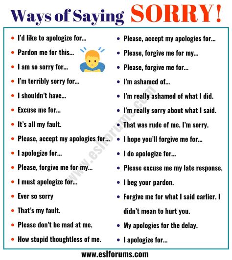 20+ Alternative Ways of Saying SORRY in English - ESL Forums Sorry Synonyms, How To Say Sorry, Ways To Say Sorry, Say Sorry, English Learning Spoken, Essay Writing Skills, Interesting English Words, Good Vocabulary Words, Good Vocabulary