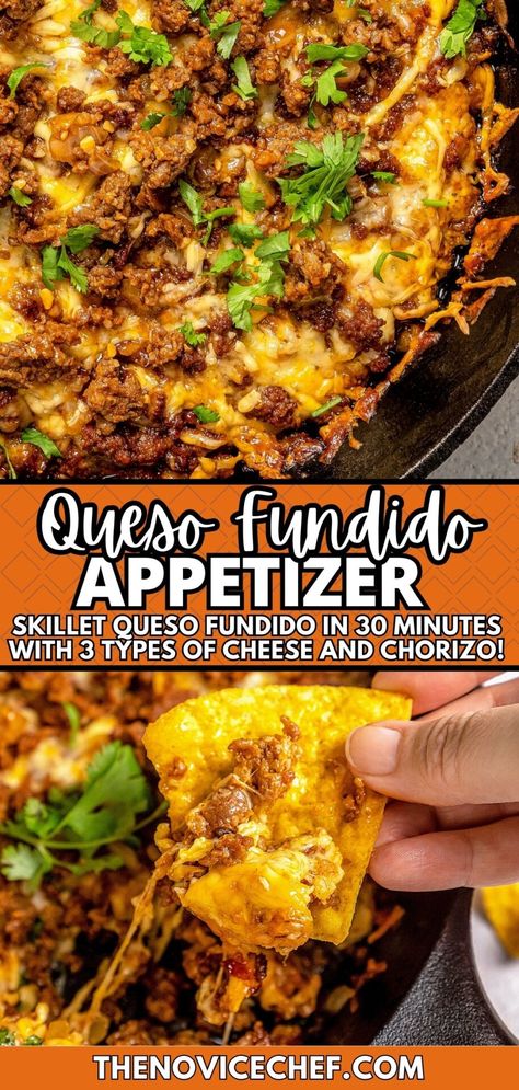 This authentic Mexican queso fundido with three kinds of melty cheese, spicy chorizo, and onion goes from oven to table in 30 minutes! Authentic Mexican Queso, Chorizo Recipes Appetizers, Skillet Queso, Queso Fundido Recipe, Mexican Queso, Fundido Recipe, Mexican Appetizer, Mexican Chorizo, Asada Tacos