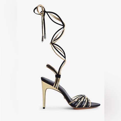 Reiss (Nwot) Cassidy Sandal Size Eu 38 / Us Fit (7.5) Gold / Black Crafted From A Combination Of Soft Metallic Leather, The Cassidy Sandals Are Designed To Work For Almost Any Invite. With A Wrap-Around Design That's At Once Eye-Catching And Elegant, Try Them With Slim-Leg Tailoring Or A Sleek Cocktail Dress After Hours. Heel Height: 100mm * 4” Heel * Ankle Tie Closure * Leather Upper, Synthetic Sole * Open Almond Toe, Two-Tone Open Front Strap, Two-Tone Self-Tying Ankle Straps, Stiletto Heel * After Hours, Slim Leg, Ankle Straps, Metallic Leather, Stiletto Heel, Gold Black, Stiletto Heels, Heel Height, Leather Upper