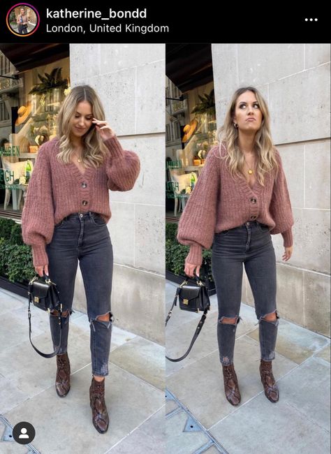 Pink knit button up sweater acid wash jeans brown booties Katherine Bond, Cropped Cardigan Outfit, How To Style A Cardigan, Cute Cardigan Outfits, Mom Jeans Outfit Winter, Jeans Outfit Winter, Mom Jeans Outfit, Outfit Jeans, Stylish Sweaters