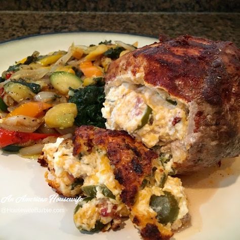 Stuffed pork loin on a plate with various vegetables Jalapeño Popper Pork Loin, Stuffed Pork Loin Recipes, Stuffed Pork Loin Roast, Stuffed Pork Roast, Stuffed Pork Loin, American Housewife, Pork Chop Recipe, Jalapeno Jelly, Green Chili Peppers