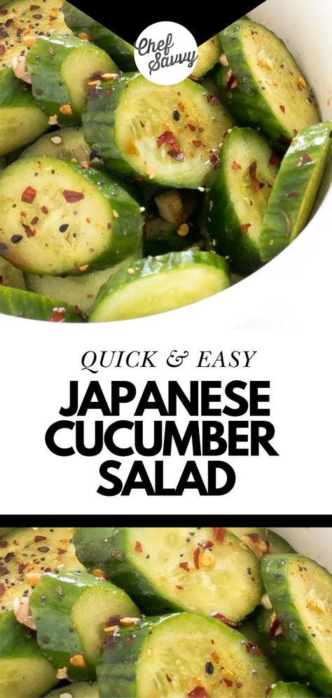 Save this Quick and Easy 5 minutes Japanese Cucumber Salad. This healthy and refreshing Japanese Cucumber Salad recipe is simple to throw together and packed with a ton of flavor! Sliced cucumbers are tossed with an Asian-inspired dressing of soy sauce, rice vinegar, sesame oil, and sugar! This will be your new go-to side dish. Follow Chef Savvy for more easy side dishes recipes! Japanese Cucumber Salad Recipe, Japanese Cucumber Salad, Soy Sauce Rice, Vinegar Cucumbers, Chef Savvy, Japanese Cucumber, Quick Pickled Red Onions, Cucumber Avocado Salad, Cucumber Salad Recipe