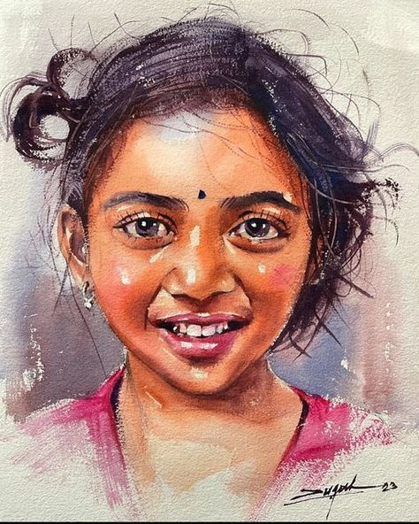 Watercolor Portraits Indian, Watercolor Portraits Easy, Easy Portrait, Watercolor Art Face, Watercolor Scenery, Human Figure Sketches, Watercolor Portrait Painting, Kalamkari Painting, Indian Art Gallery