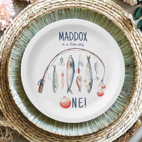 Fishing O-Fish-Ally The Big One Blue Boy Birthday  Paper Plates Fishing First Birthday Party Food Ideas, Birthday Party Fishing Theme, Fish Party Food, Ofishally One, Oh Fishally One Birthday, Fishing 1st Birthday Party, O Fish Ally One Birthday, Fishing Decorations, Fishing Party Favors