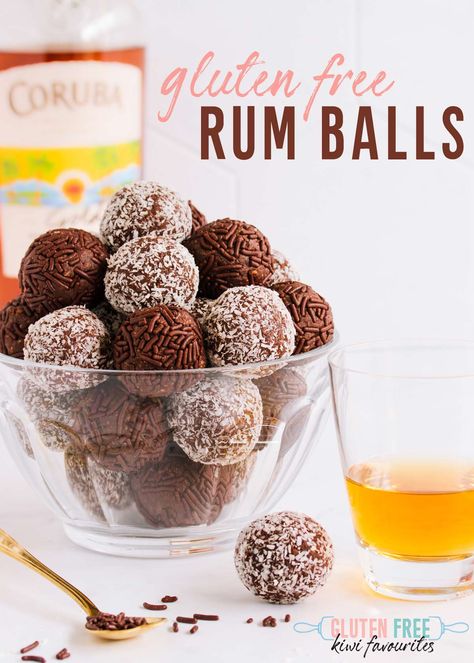 Gluten Free Rum Balls - Gluten Free Kiwi Favourites Gluten Free Balls, Gf Rum Balls, Gluten Free Truffle Balls, Gluten Free Rum Balls, Gluten Free New Years Eve Desserts, Gluten Free Party Desserts, Coffee Truffles Recipe, Coffee Truffles, Gluten Free Truffles