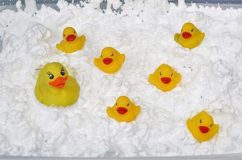 Shaving Cream Sensory Bin Motherhood Lifestyle, Easy Toddler Activities, Imagination Station, Sensory Room, Rubber Ducks, Four Kids, Little Duck, Sensory Bin, Diy Games