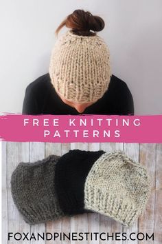 Knit Ponytail Hat Free Pattern, Bun Hat Knitting Pattern, Messy Bun Knitted Hat, Ponytail Hat Knitting Pattern, Knitted Ponytail Hat, Ponytail Hat Pattern, Hat Free Knitting Pattern, Messy Bun Hat Pattern, Kids Knitting