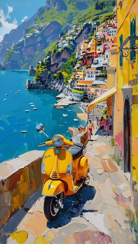 Vespa Painting, Vespa Wallpaper, Vespa Art, Italian Artwork, Portraiture Artist, Art Assignments, Crayon Drawings, Paint Photography, Italy Painting