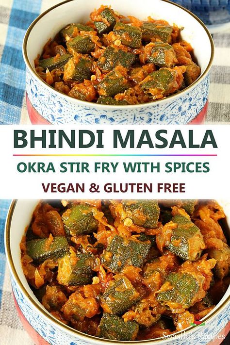 Indian style okra stir fry or bhindi masala in a spicy onion tomato masala. Healthy, vegan and gluten free. #indian #curry #vegan Bhindi Masala Recipe, Zucchini Zoodles, Bhindi Masala, Indian Veg Recipes, Okra Recipes, Soya Mumu, Spicy Snacks Recipes, Healthy Indian Recipes, Curry Recipes Indian