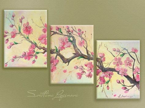 1 Painting On 3 Canvas, Split Canvas Painting, 3 Canvas Painting, Multi Canvas Painting, Multiple Canvas Paintings, Cherry Blossom Painting, Acrylic Painting Flowers, Easy Canvas Art, 3 Piece Canvas Art