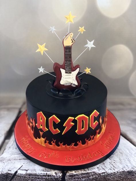 Rock And Roll Themed Cake, Rock Themed Cake, Ac/dc Cake, Acdc Birthday Party, Acdc Birthday Cake, Acdc Party, Rock And Roll Birthday Cake, Guitar Theme Cake, Rock Star Cakes