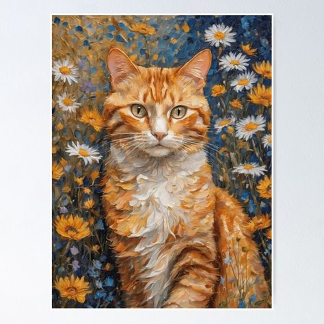 Get my art printed on awesome products. Support me at Redbubble #RBandME: https://www.redbubble.com/i/poster/Klimt-Style-Ginger-Orange-and-White-Tabby-Cat-in-Colorful-Garden-Flowers-Meadow-Gold-Leaf-Painting-by-Arwen-Art/161037327.LVTDI?asc=u Ginger Cat Painting, Orange Tabby Cats Drawing, Orange Cat Painting, Ginger Cat Painting Acrylic, Orange Cat Art Wallpaper, Orange Cat Art Illustration, Ginger Cat Art, White Tabby Cat, Orange Tabby Painting