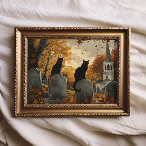 Black Cats Graveyard Vintage Style Halloween Painting Spooky Fall Art Whimsical Cottage Autumn Decor PRINTABLE No. 074 - Etsy Autumnal Art, Cottage Autumn, Cats Sitting, Whimsical Cottage, Spooky Fall, Art Whimsical, Fall Country, Fall Art, Halloween Painting