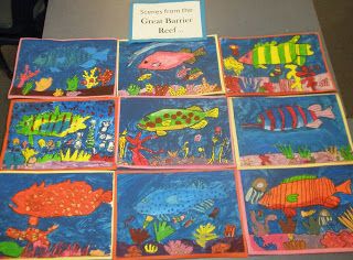 Great Barrier Reef paintings from Art with Mrs Baker Australian Art For Kids, Landscape Art Lessons, Australia Crafts, Coral Reef Art, Art Fundraiser, Landmarks Art, 4th Grade Art, Homeschool Art, Kindergarten Art