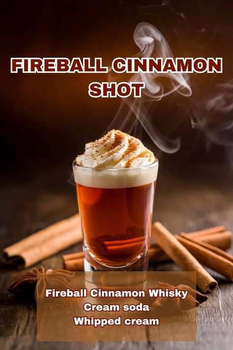 A Fireball Cinnamon Shot with a cinnamon stick garnish, radiating warm colors. Fireball Punch Recipe, Holiday Shot Recipes, Apple Pie Shots, Fireball Shots, Fireball Cocktails, Holiday Shots, Fireball Shot, Cookie Shots, Fireball Whiskey