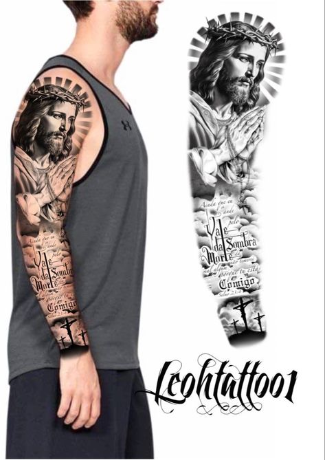 Jesus Tattoo Sleeve, Hair Tattoo Designs, Geometric Tattoo Sleeve Designs, Full Hand Tattoo, Chicano Tattoos Sleeve, Christ Tattoo, Full Tattoo, Full Sleeve Tattoo Design, Men Tattoos Arm Sleeve