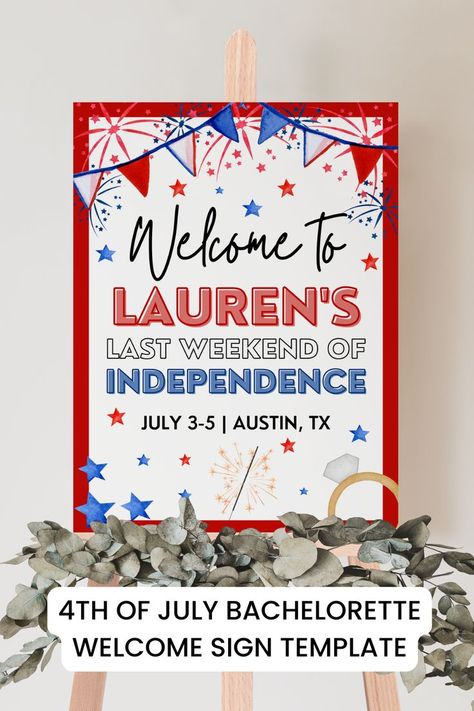 Get your bachelorette party ready for a patriotic celebration in Washington DC with this Fourth of July Bachelorette Party Welcome Sign Template! With its bold red, white, and blue colors, this template is perfect for a Bach bash filled with summer fun and American pride. Party Drinking Games, Red White Blue Wedding, Bachelorette Party Games Drinking, Summer Bachelorette, Summer Bachelorette Party, Photo Backdrop Ideas, America Theme, Fun Bachelorette Party, America Birthday