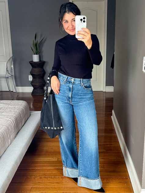 Are cuffed jeans the hottest denim trend of 2024? We're trying styles from our favorite brands. This pair from Veronica Beard are the best for leg lengthening and read "dressy" because they definitely have an "elevated wow" factor with the longer lines, shape, and great wash. | #TheMomEditStyle #FashionBlog #CuffedJeans #DenimTrends #WideLegJeans #VeronicaBeardJeans #BestCuffedJeans Cuffed Jeans Outfit, How To Make Jeans, Postpartum Nursing, Bearded Lady, Mother Jeans, Cuffed Jeans, Denim Trends, Leg Cuffs, Mother Denim